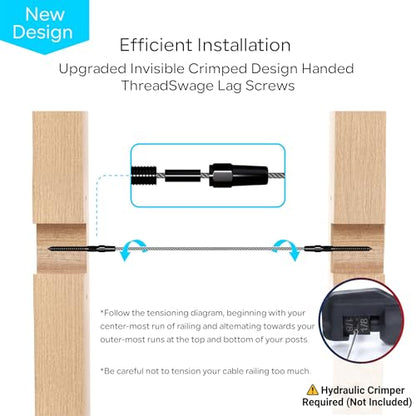 20 Pair Black Cable Railing Kit, Invisible Crimp Fitting Hardware, Right & Left Handed Thread Swage Lag Screws for Wood Post of 1/8" T316 Steel Railing System, HF016BL - color: Black