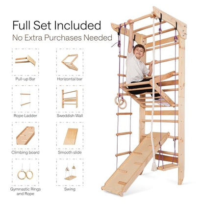 WEDANTA Wooden Swedish Ladder Wall Set – Kids Stall Bars for Exercise – Kids Swedish Gymnastic Wall Gym – Wood Stall Bar Gymnastics Playground – Best Gym for All Family - color: Wood
