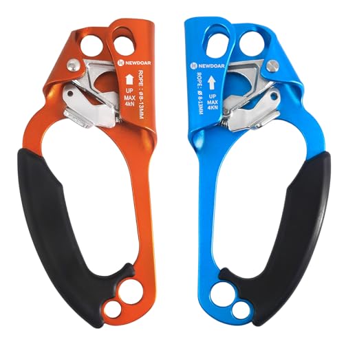UIAA & CE Certified Hand Ascender Rock Climbing Tree Arborist Rappelling Gear Equipment Rope Clamp for 8~13MM Rope - color: Orange-Left+Blue-Right