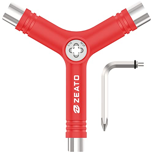 All-in-One Skate Tools Multi-Function Portable Skateboard T Tool Accessory with T-Type Allen Key and L-Type Phillips Head Wrench Screwdriver - color: Y-red