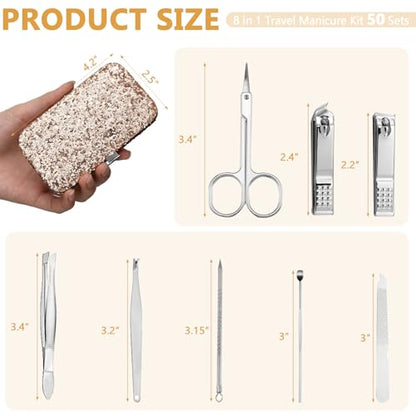 Geosar 50 Set 8 in 1 Travel Manicure Kit Bulk Professional Nail Clippers Pedicure Nail Care Tools Grooming Stainless Steel Set with Portable Travel Case, Gift for Valentine Men Women(Glitter Gold) - color: Glitter Gold