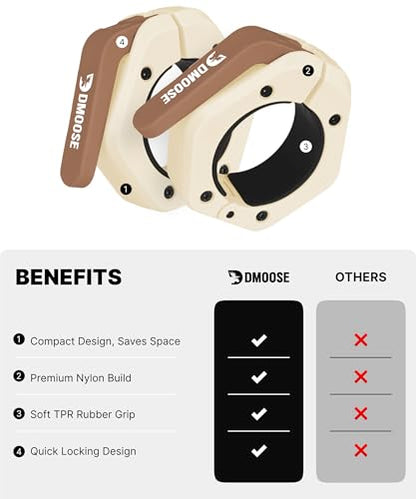 DMoose Fitness Barbell Clips 2 Inch (Pair) - Quick Release Olympic Barbell Clamps & Collars with Anti Slip TPR Grip for Secure Weightlifting and Powerlifting - Weight Clips for Bars at Home or Gym - color: Beige, style: Magnetic