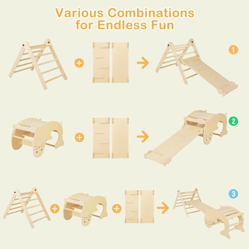 Costzon Climbing Toys for Toddlers, Foldable Montessori Wooden Arch Climber Ladder with Sliding Ramp, Play Table, Multi-Combination Methods, Kids Triangle Climber Play Gym Set for Boys Girls Present - style: 7 in 1 Arch Climber Ladder, Natural