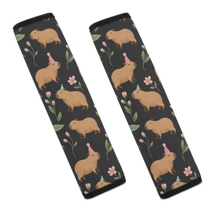 2 Pack Universal Fit Seat Belt Cover for Child, Stroller Pushchair High Chair, Cute Capybara Animal Floral Black Automotive Seat Belt Protector, Pressure Relief - color: Pattern 323