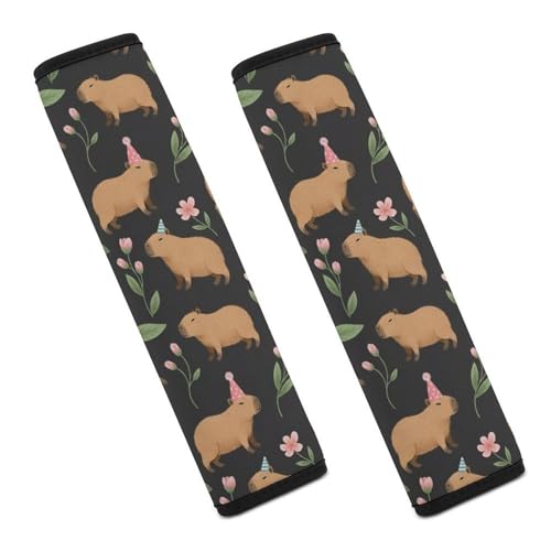 2 Pack Universal Fit Seat Belt Cover for Child, Stroller Pushchair High Chair, Cute Capybara Animal Floral Black Automotive Seat Belt Protector, Pressure Relief - color: Pattern 323