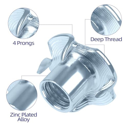 M5 T-Nuts zinc Plated Steel, 4-Pronged Tee Nut for Wood, Rock Climbing Holds, Furniture, 100 PCS