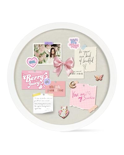 Small Round Bulletin Board with Linen, 13 inches Diameter Bulletin Board with White Wood Frame, Decorative Hanging Pin Board Vision Board Message Board for Office School Home Decor(3333,1p)