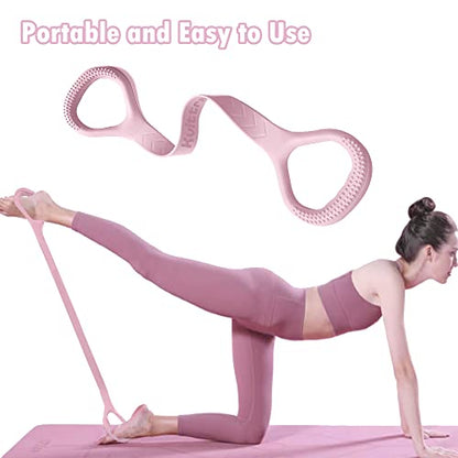 Figure 8 Resistance Band, Arm Back Shoulder Exercise Elastic Rope Stretch Fitness Band, Foot, Leg, Hand Stretcher, Arm Exerciser for Yoga Pilates Stretching Physical Therapy, Home Gym Workout - color: Pink with ring
