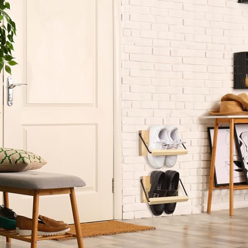 Mifoci 2 Pcs Wall Mounted Shoe Rack Organizer Wooden Modern Compact Wall Space Saving Shoe Holder Storage for Sneaker Footwear Slipper Boots Entryway Narrow Spaces Hallway(9.84'' Long) - size: 9.84'' Long