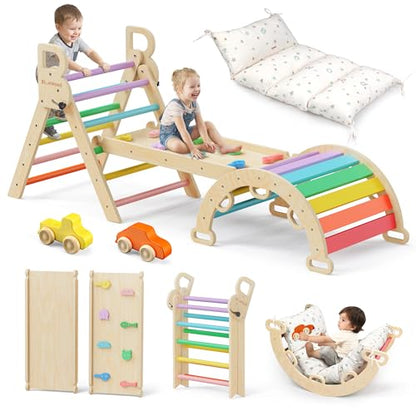 BlueWood Pikler Triangle Set with Cushion, Wooden Climbing Toys for Toddler | Foldable 9-in-1 Montessori Philosophy Toddler Climbing Toys Indoor with Reversible Ramp, Arch and Ladder - Rainbow - color: Rainbow