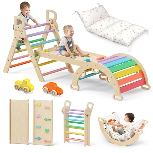 BlueWood Pikler Triangle Set with Cushion, Wooden Climbing Toys for Toddler | Foldable 9-in-1 Montessori Philosophy Toddler Climbing Toys Indoor with Reversible Ramp, Arch and Ladder - Rainbow - color: Rainbow