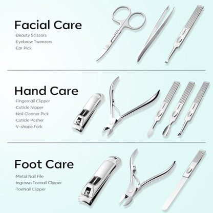 FAMILIFE Manicure Kit for Women, Professional Manicure Set Nail Clippers Set 11 in 1 Stainless Steel Pedicure Tools Nail Kit Men Grooming Tool with Portable Green Travel Case for Home, Travel - color: Green