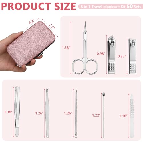 Geosar 50 Set 8 in 1 Travel Manicure Kit Bulk Professional Nail Clippers Pedicure Nail Care Tools Grooming Stainless Steel Set with Portable Travel Case, Gift for Valentine Men Women(Glitter Pink) - color: Glitter Pink