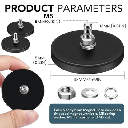 DIYMAG Rubber Coated Neodymium Magnets 30lbs 12pcs | Anti-Scratch Large Magnet Base, with M5 Threaded Studs Nuts, Powerful Holding, For Light Bar, Camera, PTZ Installation - size: M5-30LB-1.69in