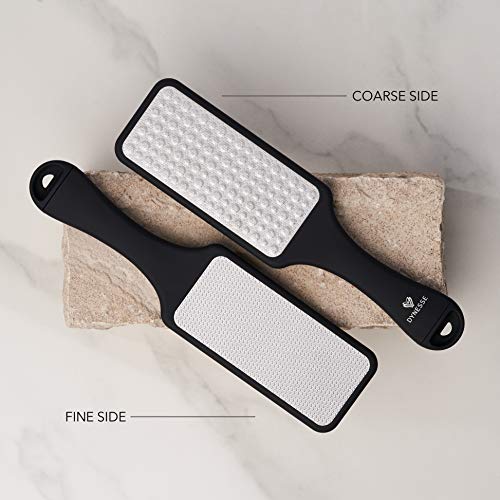 Foot File. Best Premium Pedicure Foot Rasp and Callus Remover. 3-in-1 Tool. Removes Hard Skin. No Risk of Injury. Stainless Steel. Ergonomic Handle. Washable. Works on Both Wet and Dry Feet.