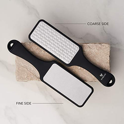 Foot File. Best Premium Pedicure Foot Rasp and Callus Remover. 3-in-1 Tool. Removes Hard Skin. No Risk of Injury. Stainless Steel. Ergonomic Handle. Washable. Works on Both Wet and Dry Feet.