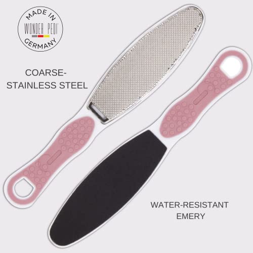 Made in Germany Double Sided Foot File Callus Remover, Stainless Steel and Emery Sides Feet Scrubber, Professional Pedicure Foot Care Tool Rasp, Long Lasting Foot Buffer, Heel Scraper, Wonder Pedi - style: Stainless Steel + Emery