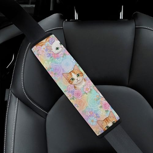 2 Pack Floral Pink Cat Car Seat Belt Pad Universal Soft and Comfortable Harness Pads Strap for Adult Use, Most Cars, Easy Install (No Tool) - color: Pattern 760