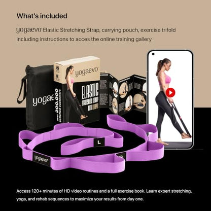 YogaEVO Elastic Stretching Strap with Loops for Physical Therapy | 2-in-1 Yoga Strap & Resistance Band — Flexibility & Back Recovery - color: Purple