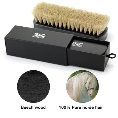Premium Horsehair Shoe Polish Brush – Handcrafted Beechwood Shoe Brush for Shine and Buffing – Luxurious Shoe Shine Brush with Soft Horsehair Bristles (Black/White) - color: Premium Black and White