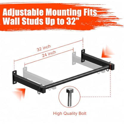Wall Mount Pull Up Bar, Fits 16", 24" & 32" Studs, Supports 500 Lbs | Adjustable Mounting Spacing, with Round Rings, Heavy-Duty Steel Construction, for Home Gym Garage Basement Strength Training