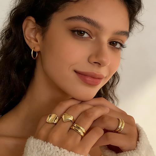 YEEZII Chunky Gold Rings for Women Non Tarnish, 18K Gold Plated Stackable Thumb Ring, Statement Women Rings Set - color: Gold-D