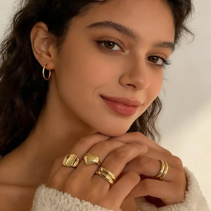 YEEZII Chunky Gold Rings for Women Non Tarnish, 18K Gold Plated Stackable Thumb Ring, Statement Women Rings Set - color: Gold-D