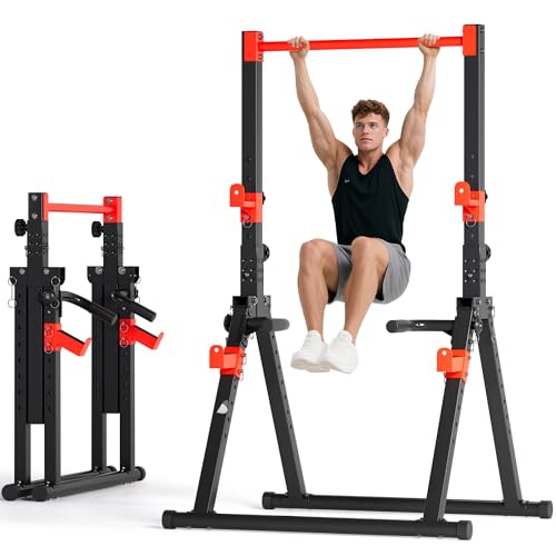 SogesPower Foldable Pull Up Bar Station,Triangular Power Tower Dip Stand | Adjustable Heights & Handles Pull Up Dip Station for Pull-ups, Dips, Knee Raises,Space-saving for Small Space - color: Red