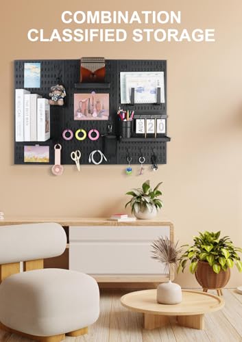 Pegboard Wall Organizer Kit – Heavy Duty 20lbs Load Bearing, Easy Installation, 4 Peg Board Panels 14 Accessories – Multi-Surface Use For Garage, Office, Kitchen & Crafts (Black Pegboard,24″×24″) | 24 x 24 Inch Modular Peg Board Panels with 14 Accessories