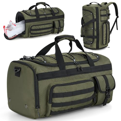 Gonex 45L Tactical Duffel Bag, 3-in-1 Gym & Travel Bag | Shoe compartment, Tactical gear loops, Water-repellent lining, 5 zip pockets, Weekend travel - color: Army Green, size: 45L