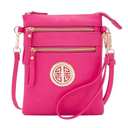 Solene Small Multi Zipper Pockets Crossbody Bag with Detachable Wristlet - color: Fuchsia