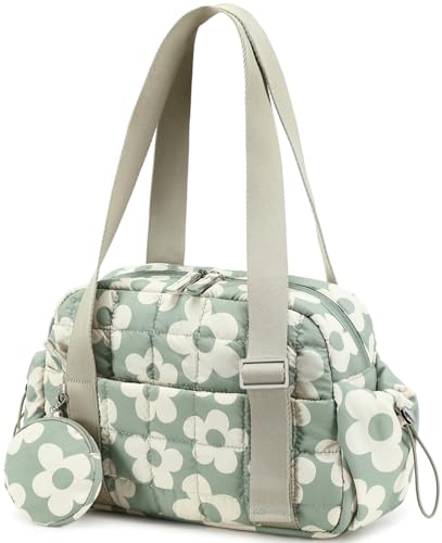 CAMTOP Mini Gym Bag for Women, Small Gym Tote Bag Puffy Quilted Sports Duffel Bag with Wet Compartment and Coin Purse Duffel Bags Dance Yoga Workout Bag for Gifts (Green Flower, Mini-12.6") - color: Green Flower, size: Mini-12.6"