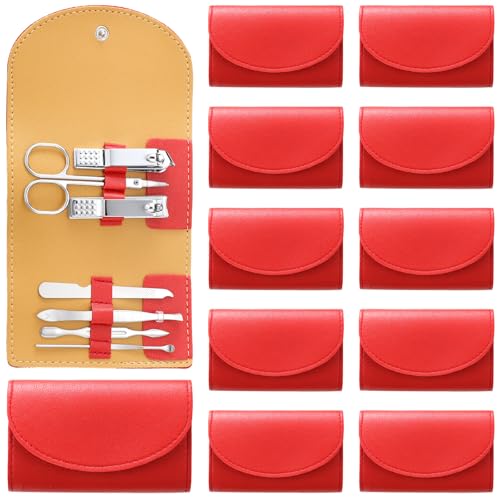 12 Set Manicure Set Bulk Mini Manicure Nail Clipper Kit 7 in 1 Stainless Steel Professional Nail Care Pedicure with Travel Portable Bag Grooming Kits for Women Men Home(Red) - color: Red