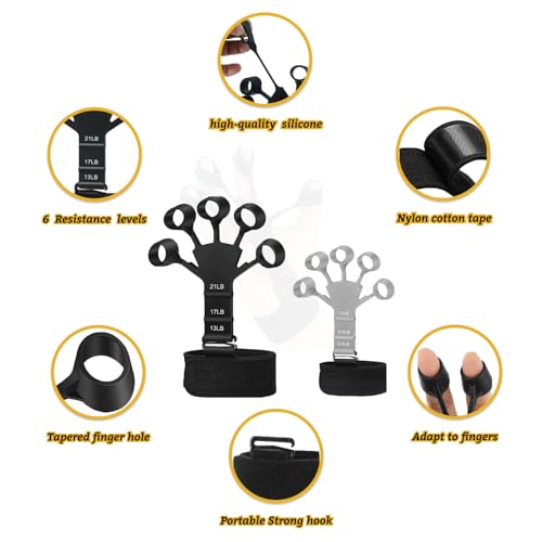 Kairsya Finger Stretcher & Hand Strengthener - 2Pcs Adjustable Finger Resistance Bands for Guitarists, Climbers, Typists, Gamers, Forearm & Hand Strength Training Wrist Exerciser (Black+Grey)