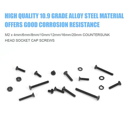 DYWISHKEY 566 Pieces M2 Black Screws, 10.9 Grade Alloy Steel M2x 4/6 /8/10 /12/16 /20mm Countersunk Head Socket Cap Screws Bolts Nuts Washers Assortment Kit - size: M2, style: Countersunk Head Socket Cap