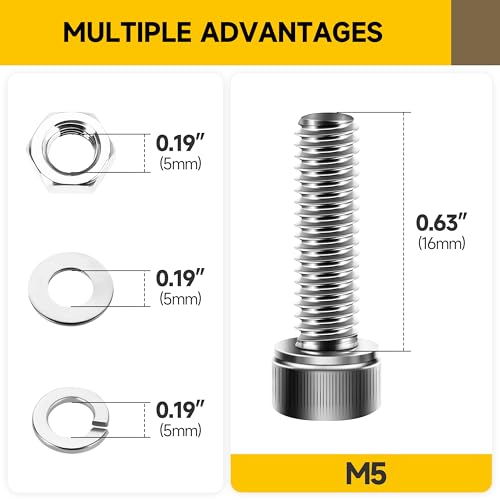 Mywish (50Sets) M5 Screws, M5 x 16mm Socket Head Cap Screws Bolts, 304 Stainless Steel Allen Socket Hex Drive Bolts, Bright Finish M5 Screw Kit with Nuts and Washers & Hex Spanner - size: M5 x 16mm