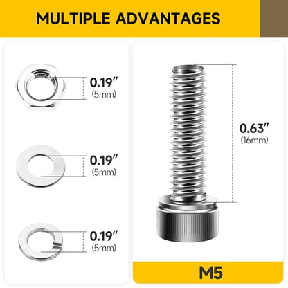 Mywish (50Sets) M5 Screws, M5 x 16mm Socket Head Cap Screws Bolts, 304 Stainless Steel Allen Socket Hex Drive Bolts, Bright Finish M5 Screw Kit with Nuts and Washers & Hex Spanner - size: M5 x 16mm