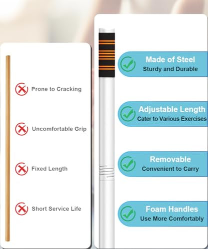 Queension 5ft Adjustable Yoga Stick with Non-Slip Foam Sleeveds for Balance | Made of Sturdy Alloy Steel, Stretching & Mobility Stick, Exercise Fitness Pole for Balance & Pilates - color: White