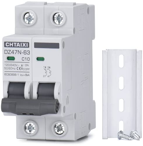 AC Miniature Circuit Breaker, 10 Amp 120V/240V 2 Pole | DIN Rail Mount, Thermal Magnetic Trip, Solar AC Disconnect Switch MCB C10 - style: 10 Amp