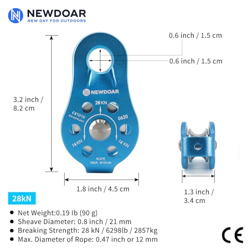 NewDoar Fixed Plate Micro Pulley,28KN CE Certified General Purpose Small Aluminum Rope Pulleys for Climbing/Aloft Work/Rappelling/Rescue Etc - color: Pack of 2(28KN Pulley Blue