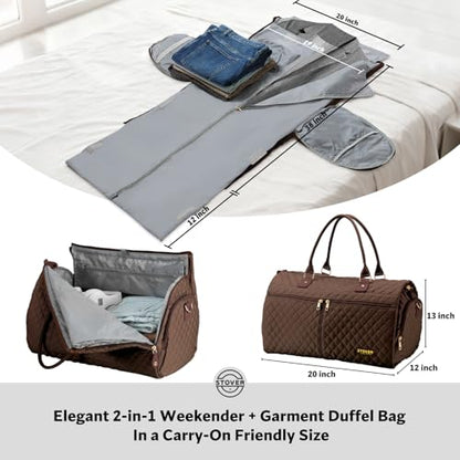 STOVER Women’s Convertible Garment Duffel Bag for Travel – 2-in-1 Carry-On Weekender/Overnight Tote - Wrinkle-Free Dresses, Suits & Clothes + Shoe Compartment & Bonus Toiletry Bag (Mocha Brown) - color: Mocha Brown