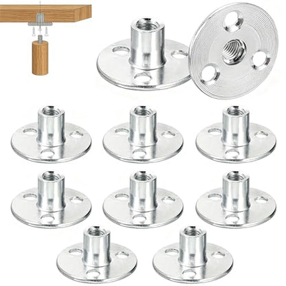 10Pcs M8 x 37mm (Base) x 17mm (Height) T Nuts for Wood, Zinc Plated Carbon Steel Round Base Tee Nut with Brad Holes, Heavy Duty Screw in T Nut for Furniture, Cabinet, Bed Legs Mounting & Climbing Hold - size: M8x17x37mm