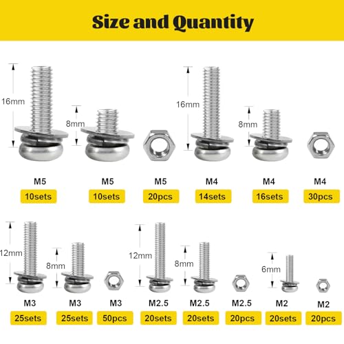 640PCS Machine Screws Assortment Kit, M2 M2.5 M3 M4 M5 Phillips Pan Head Bolts and Nuts Assorted Set, 304 Stainless Steel Metric Combination Screw with Fixed Washers (All-in-One Design) - size: SS M2M2.5M3M4M5 640pcs