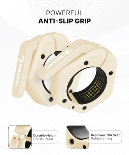 DMoose Fitness Barbell Clips 2 Inch (Pair) - Quick Release Olympic Barbell Clamps & Collars with Anti Slip TPR Grip for Secure Weightlifting and Powerlifting - Weight Clips for Bars at Home or Gym - color: Beige, style: Non Magnetic