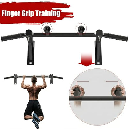 Upgrade Wall Mount Pull Up Bar, Heavy Duty Steel PullUp Bar Fits 24'' Wood Studs, Multi Grip Pull Up Bar with Ball Finger & Round Rings, for Home Gym Garage Basement Strength Training Chin Up Bar
