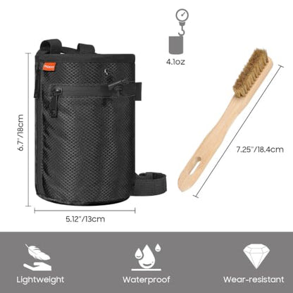 MoKo Climbing Chalk Bag with Chalk Brush, Waterproof Nylon Bouldering Chalk Bag Bucket with 2 Large Zippered Storage Pockets Drawstring Closure Adjustable Belt Chalk Bag for Climbing Gymnastics - color: Black, style: Straight