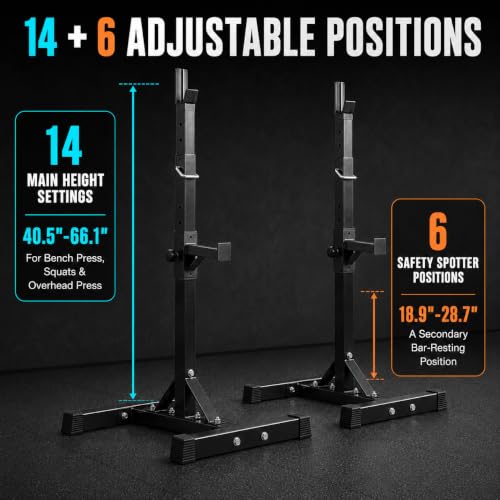 JupiterForce Adjustable Squat Rack Stands, Pair of Sturdy Steel Bench Press Rack, Barbell Rack, 40''-66'' 550lbs Max Load Portable Dumbbell Racks Stands for Home Gym, Black