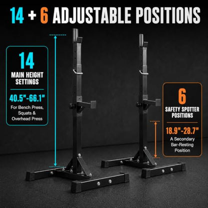 JupiterForce Adjustable Squat Rack Stands, Pair of Sturdy Steel Bench Press Rack, Barbell Rack, 40''-66'' 550lbs Max Load Portable Dumbbell Racks Stands for Home Gym, Black