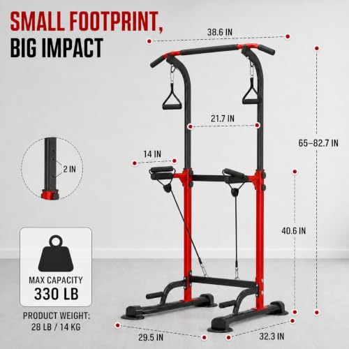 Power Tower Pull Up Bar Station, Adjustable Height Dip Stand | Adjustable Height, Pull-Ups & Dips, Space-Saving Design, Heavy-Duty Steel, Fits Users Under 6 FT - color: Red