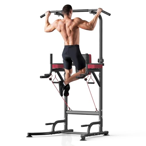 Dskeuzeew Pull Up Bar Free Standing for Multi-Function Home Gym Strength, Pull Up Dip Station Assistive Trainer Height Adjustable, Power Tower Training Heavy-Duty Fitness Equipment - color: Black Red